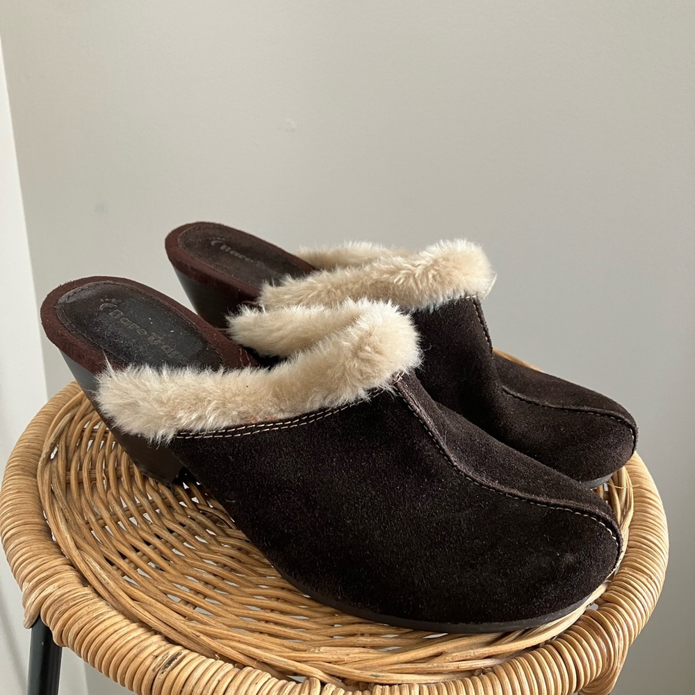 Vintage Suede & Faux Fur Heeled Mules
